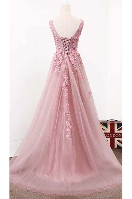 A Line V Neck Sleeveless Tulle Long with Flowers Prom Formal Prom Dresses