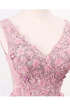 A Line V Neck Sleeveless Tulle Long with Flowers Prom Formal Prom Dresses
