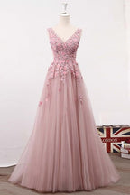 A Line V Neck Sleeveless Tulle Long with Flowers Prom Formal Prom Dresses