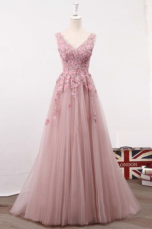 A Line V Neck Sleeveless Tulle Long with Flowers Prom Formal Prom Dresses
