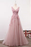 A Line V Neck Sleeveless Tulle Long with Flowers Prom Formal Prom Dresses
