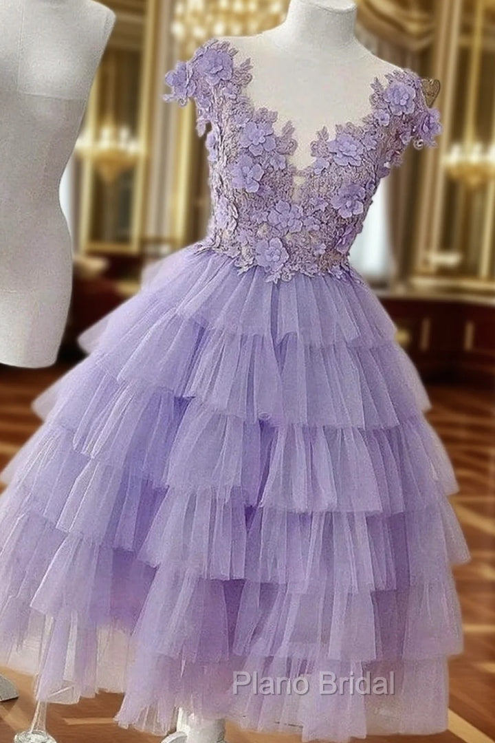 A-line V Neck Sleeveless Tulle Short/Mini Homecoming Dresses With Appliqued Main image