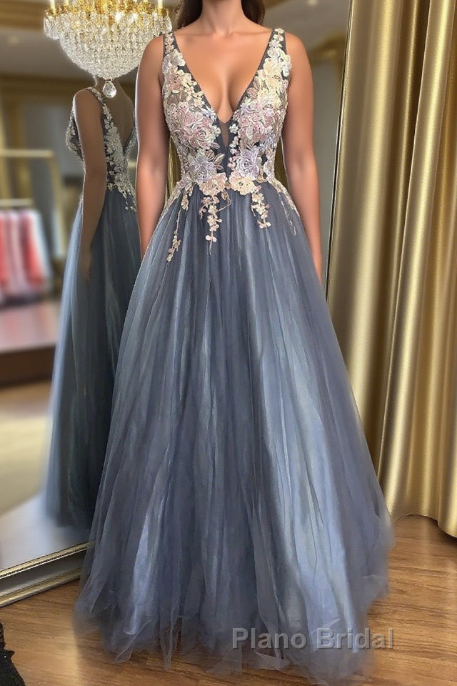 A Line V Neck Smoke Blue Long Formal Prom Dress with Lace Appliques, Floral Smoke Blue Formal Graduation Evening Dress Main image