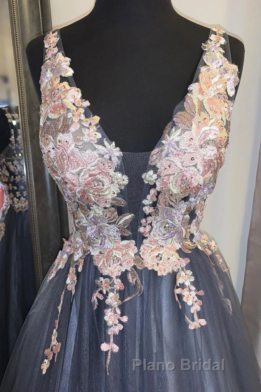 A Line V Neck Smoke Blue Long Formal Prom Dress with Lace Appliques, Floral Smoke Blue Formal Graduation Evening Dress Secondary image