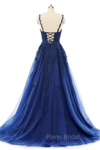 A-line V-neck Spaghetti strap Floor-length Sleeveless Backless Appliques Lace Elegant Formal Prom Dresses