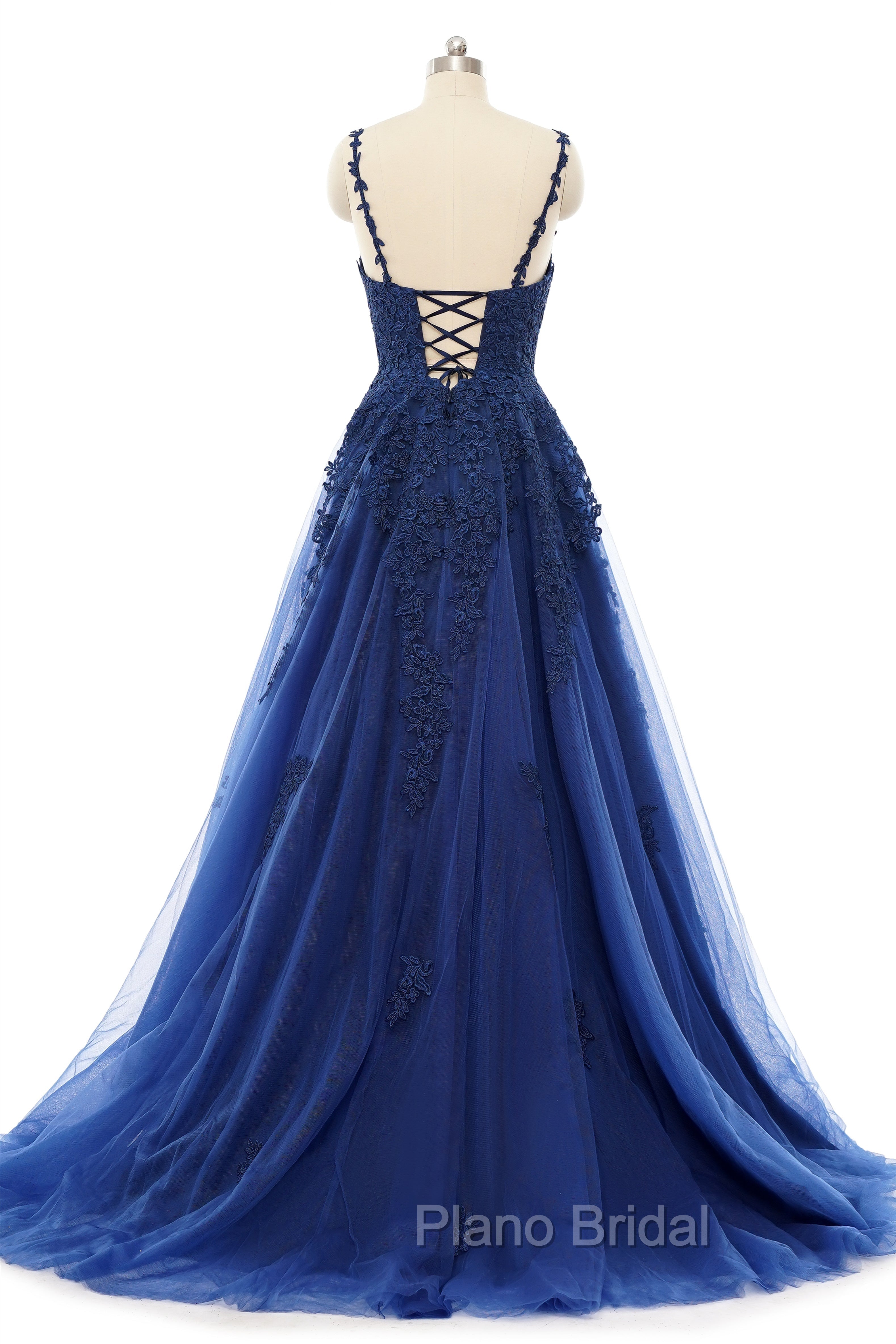 A-line V-neck Spaghetti strap Floor-length Sleeveless Backless Appliques Lace Elegant Formal Prom Dresses