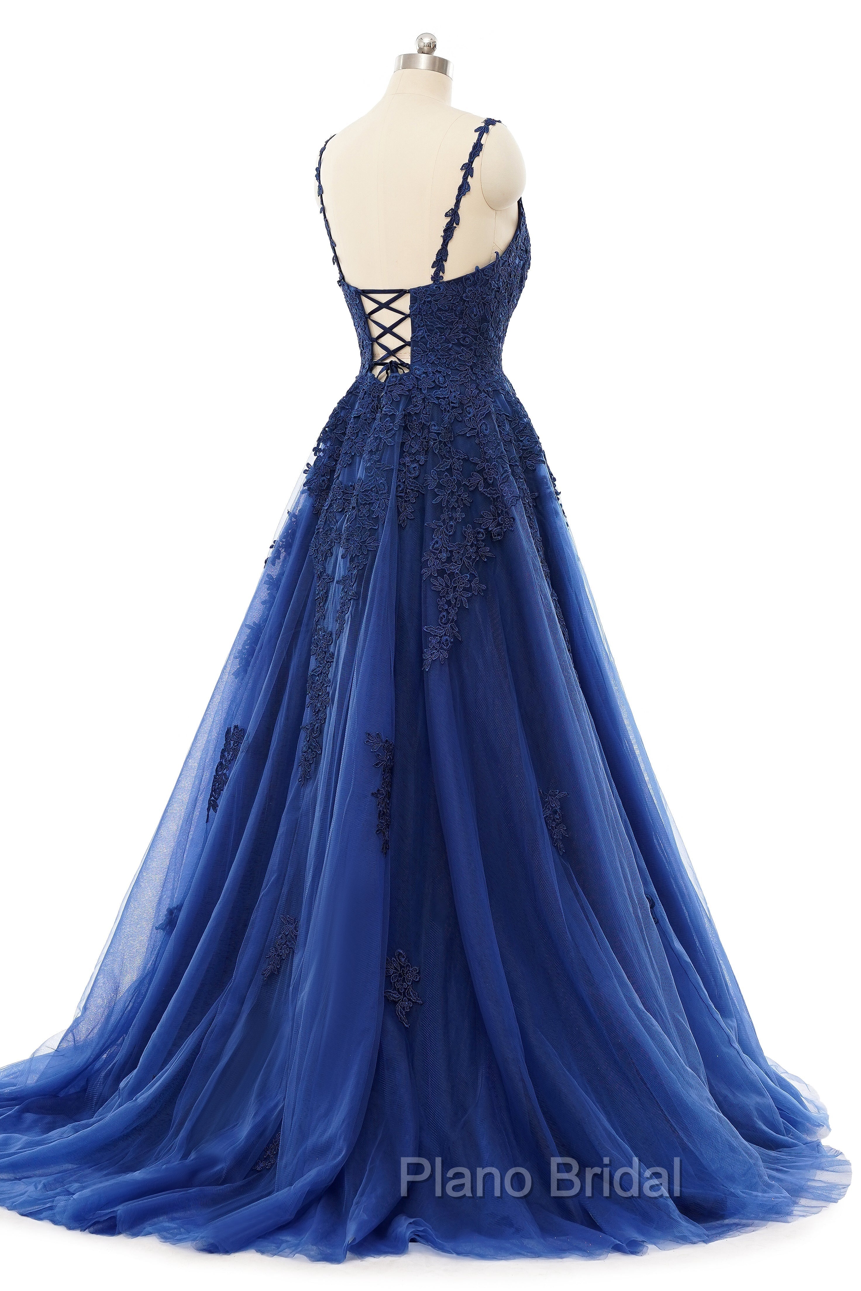 A-line V-neck Spaghetti strap Floor-length Sleeveless Backless Appliques Lace Elegant Formal Prom Dresses