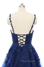 A-line V-neck Spaghetti strap Floor-length Sleeveless Backless Appliques Lace Elegant Formal Prom Dresses