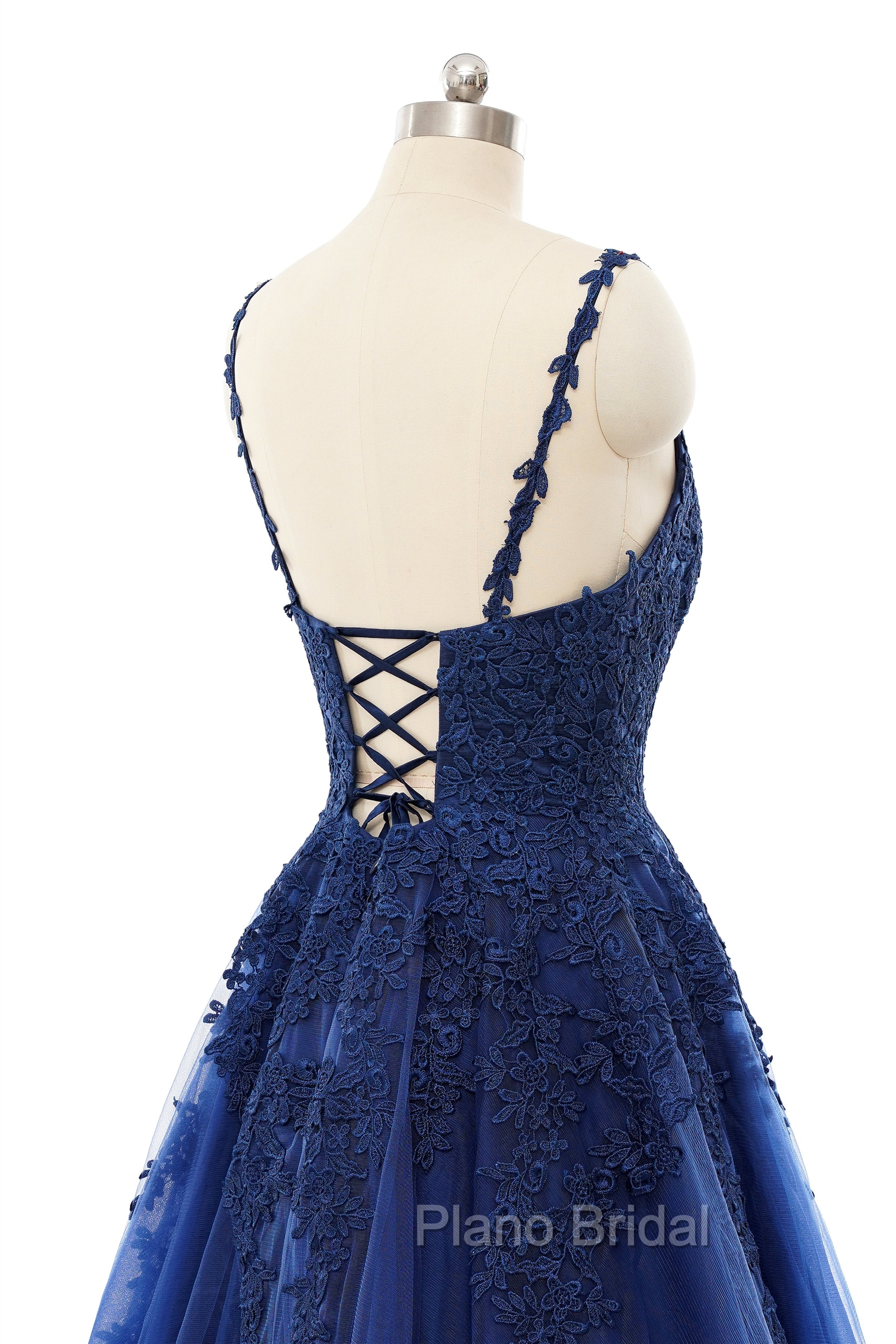 A-line V-neck Spaghetti strap Floor-length Sleeveless Backless Appliques Lace Elegant Formal Prom Dresses