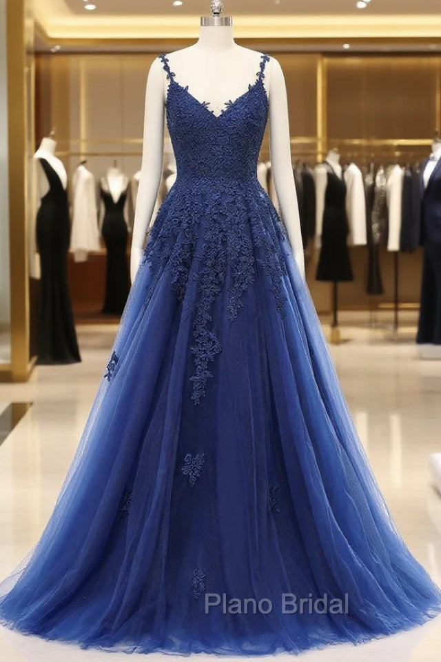 A-line V-neck Spaghetti strap Floor-length Sleeveless Backless Appliques Lace Elegant Formal Prom Dresses Main image