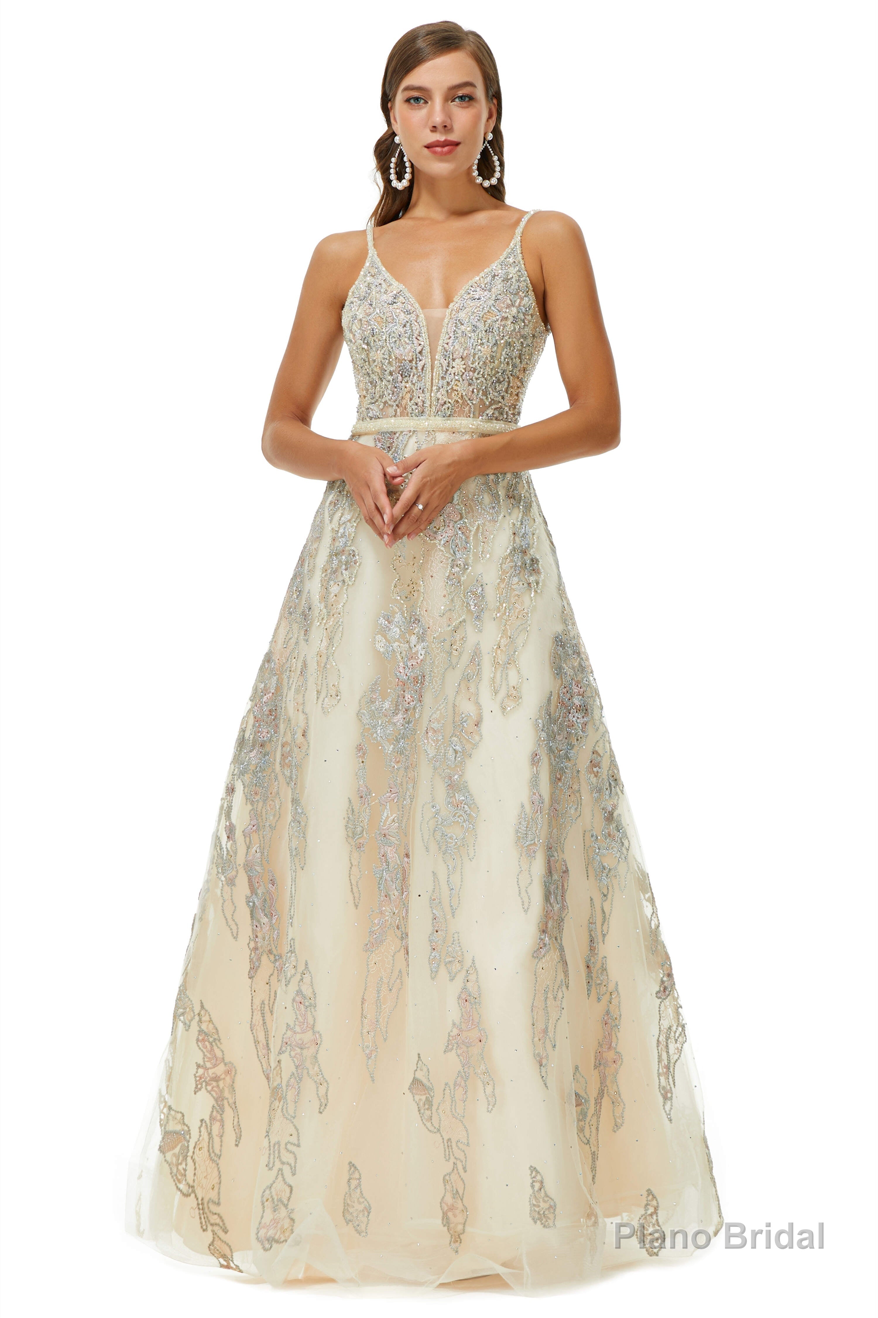 A-line V-neck Spaghetti strap Lace Floor-length Sleeveless Beading Prom Dresses