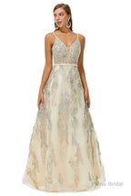 A-line V-neck Spaghetti strap Lace Floor-length Sleeveless Beading Prom Dresses