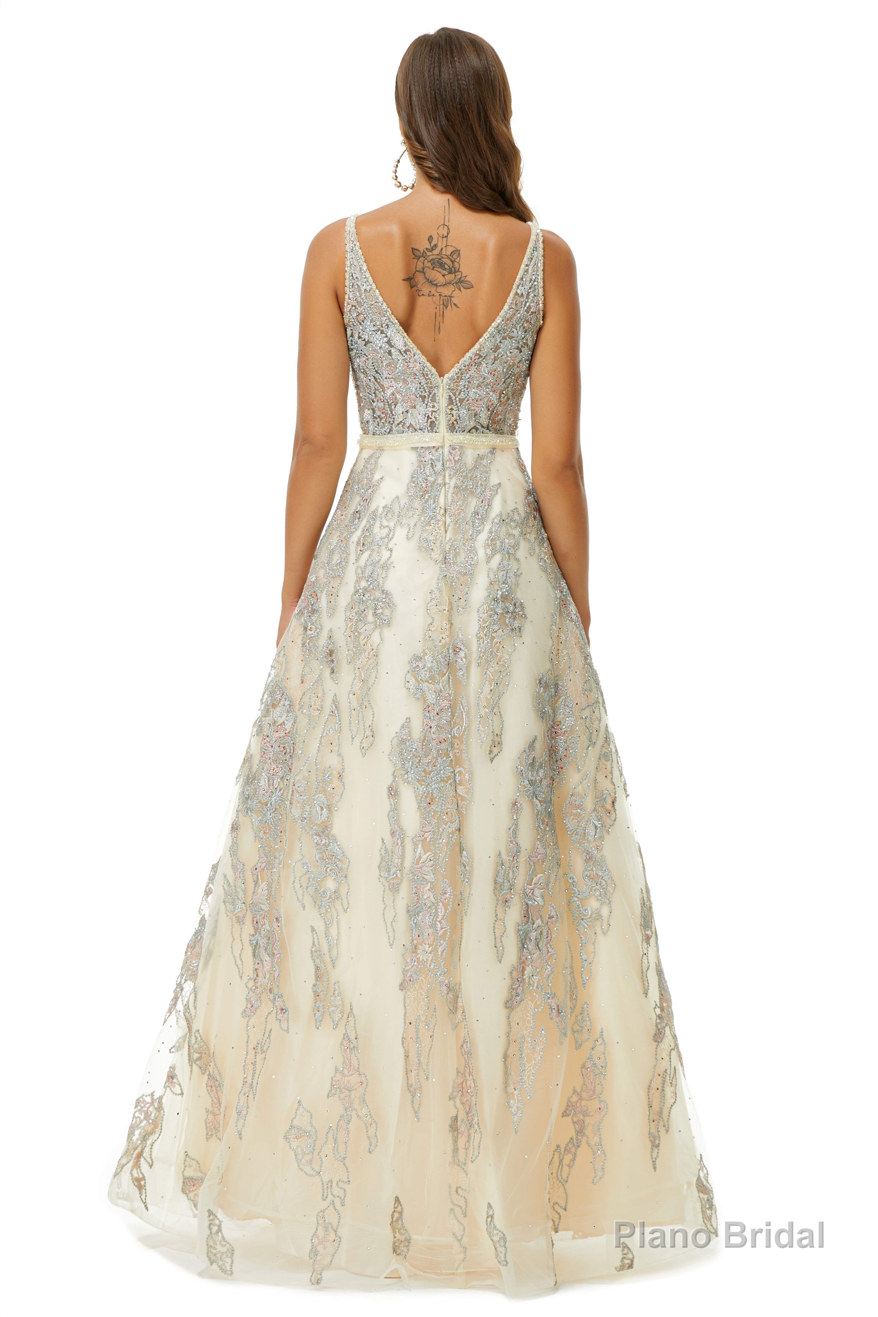 A-line V-neck Spaghetti strap Lace Floor-length Sleeveless Beading Prom Dresses