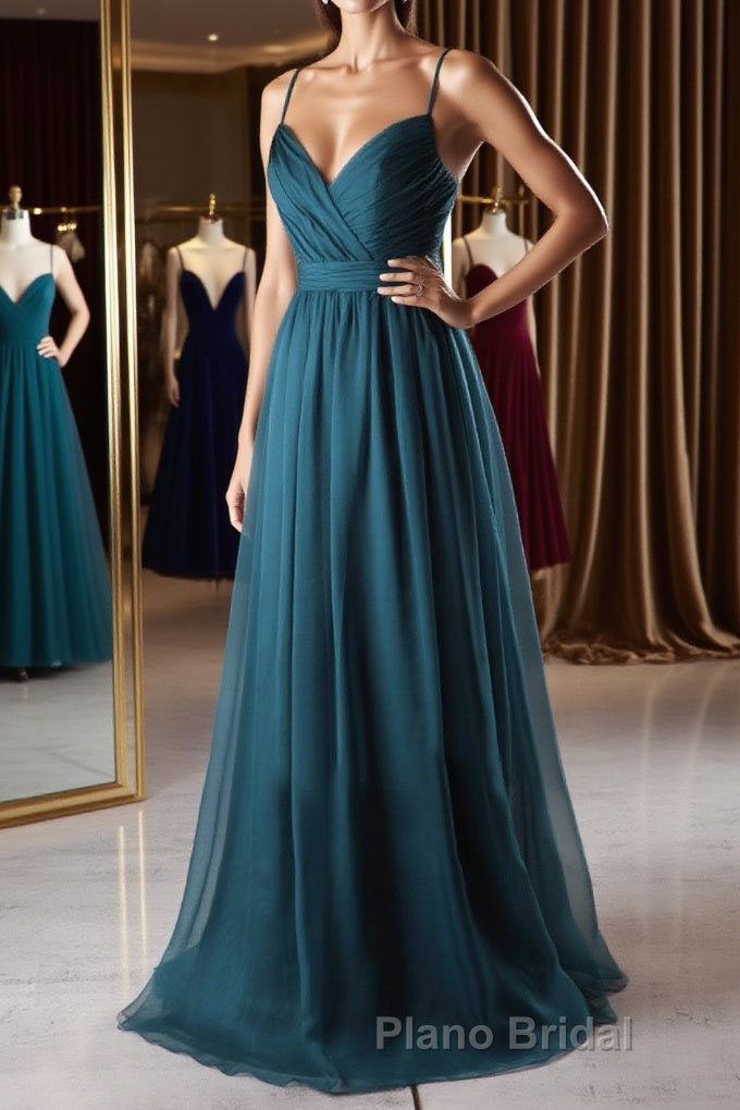 A Line V Neck Spaghetti Strap Peacock Blue Chiffon Long Formal Prom Dress, V Neck Peacock Blue Formal Dress Graudation Evening Dress, Peacock Blue Bridesmaid Dress Main image