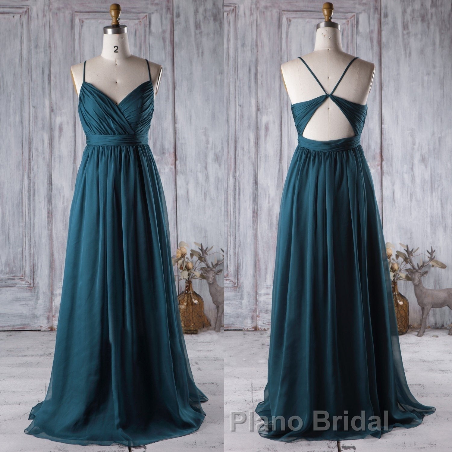 A Line V Neck Spaghetti Strap Peacock Blue Chiffon Long Formal Prom Dress, V Neck Peacock Blue Formal Dress Graudation Evening Dress, Peacock Blue Bridesmaid Dress Secondary image