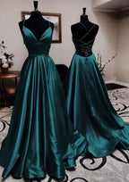 A-line V Neck Spaghetti Straps Long/Floor-Length Charmeuse Prom Dresses With Pleated