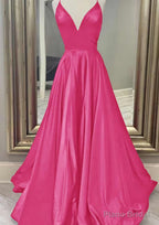 A-line V Neck Spaghetti Straps Long/Floor-Length Charmeuse Prom Dresses With Pockets