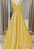 A-line V Neck Spaghetti Straps Long/Floor-Length Charmeuse Prom Dresses With Pockets