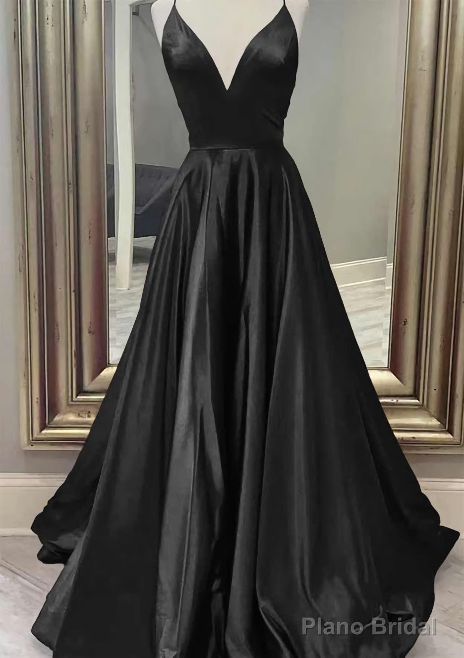 A-line V Neck Spaghetti Straps Long/Floor-Length Charmeuse Prom Dresses With Pockets
