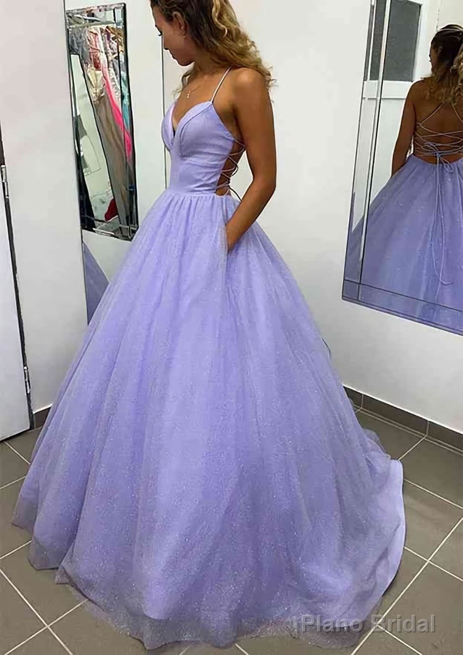 A-line V Neck Spaghetti Straps Long/Floor-Length Glitter Prom Dresses With Pockets Main image