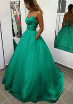 A-line V Neck Spaghetti Straps Long/Floor-Length Glitter Prom Dresses With Pockets