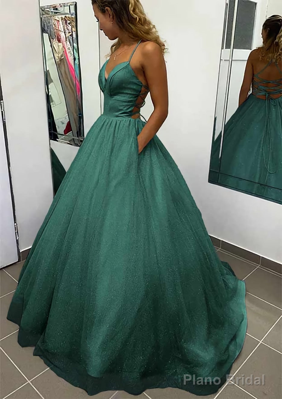 A-line V Neck Spaghetti Straps Long/Floor-Length Glitter Prom Dresses With Pockets Secondary image