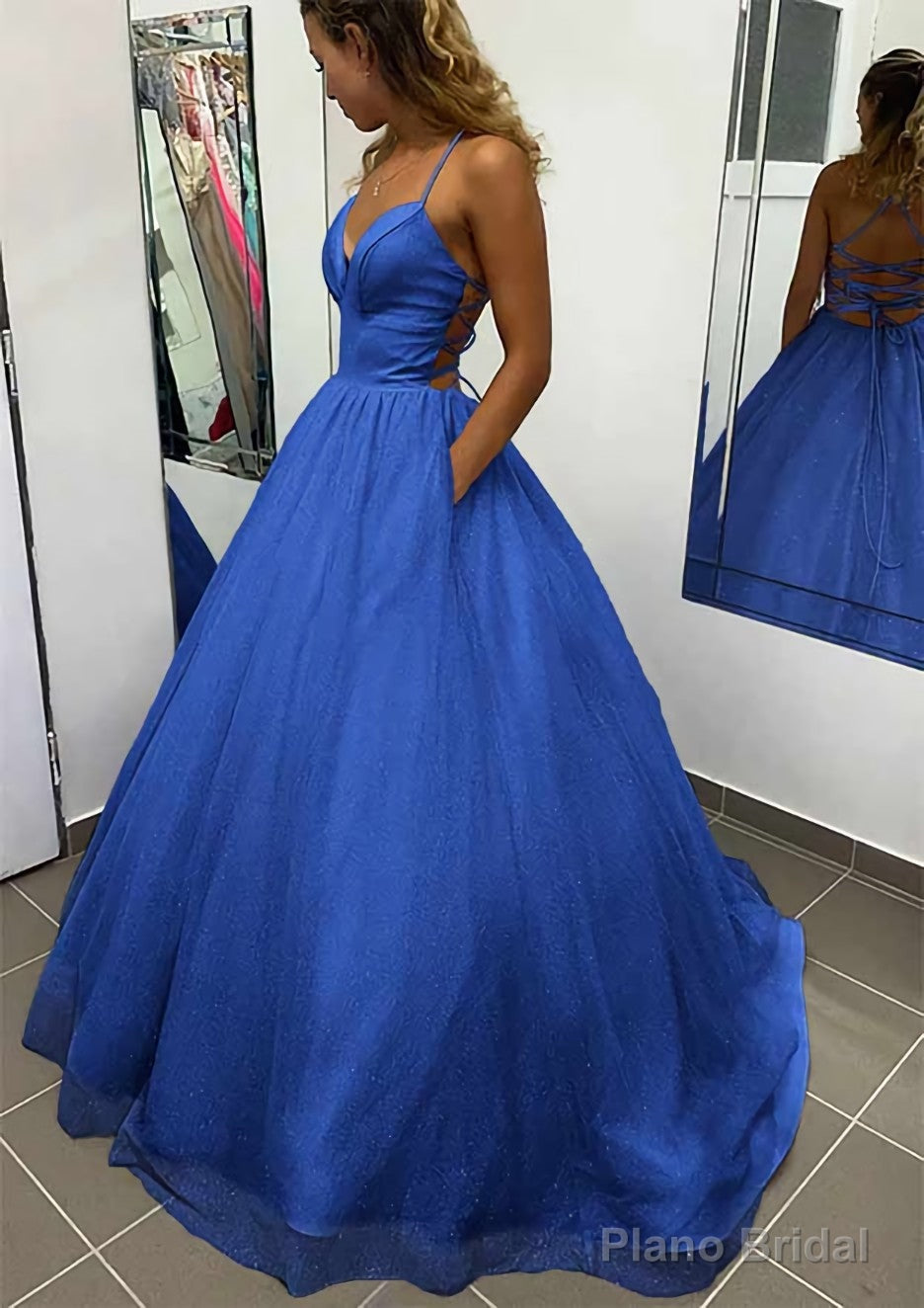 A-line V Neck Spaghetti Straps Long/Floor-Length Glitter Prom Dresses With Pockets