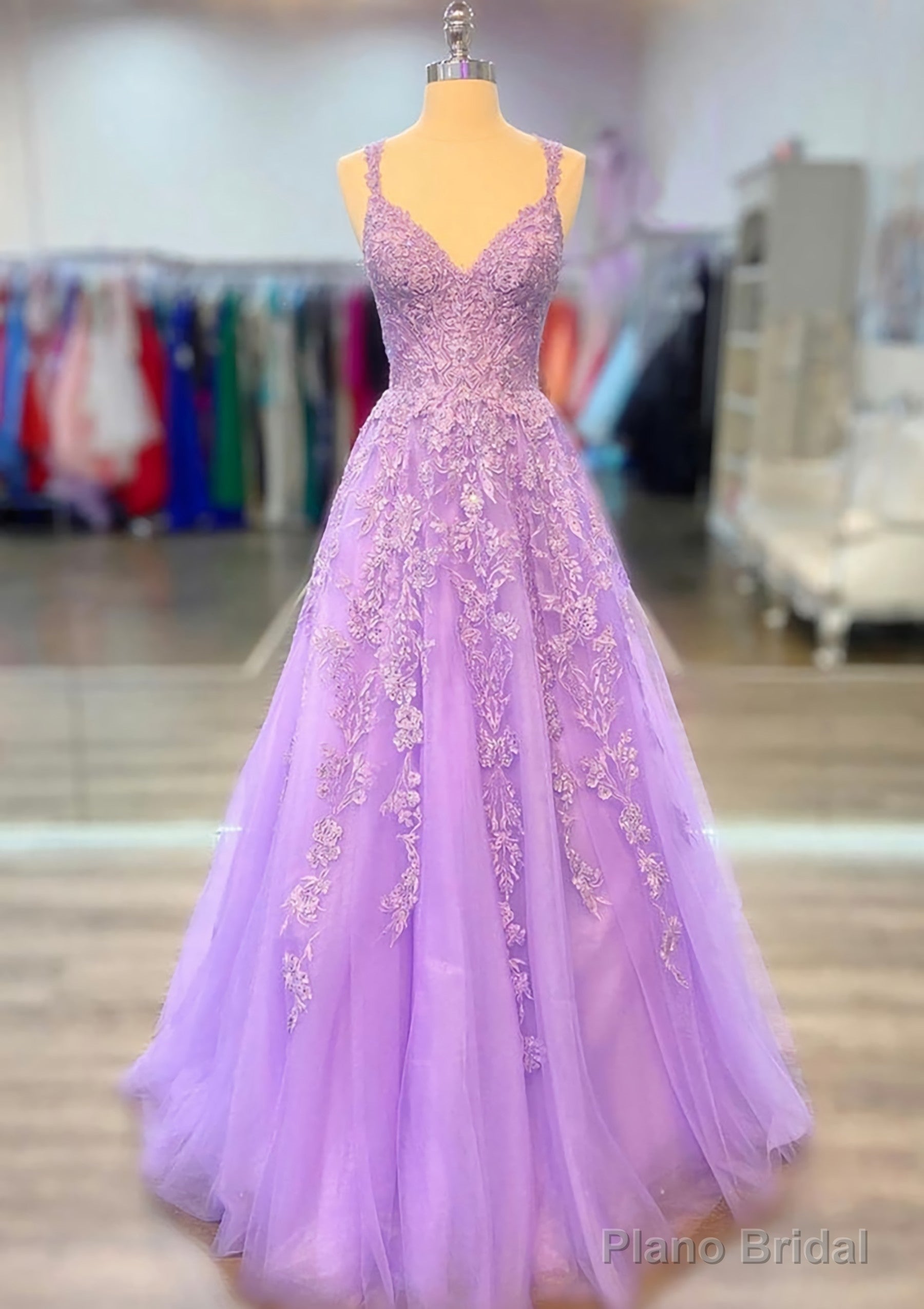A-line V Neck Spaghetti Straps Long/Floor-Length Lace Prom Dresses With Beading Main image