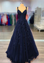 A-line V Neck Spaghetti Straps Long/Floor-Length Lace Prom Dresses With Beading