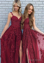 A-line V Neck Spaghetti Straps Long/Floor-Length Lace Prom Dresses With Split