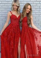 A-line V Neck Spaghetti Straps Long/Floor-Length Lace Prom Dresses With Split