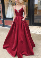 A-line V Neck Spaghetti Straps Long/Floor-Length Satin Prom Dresses With Beading Pockets
