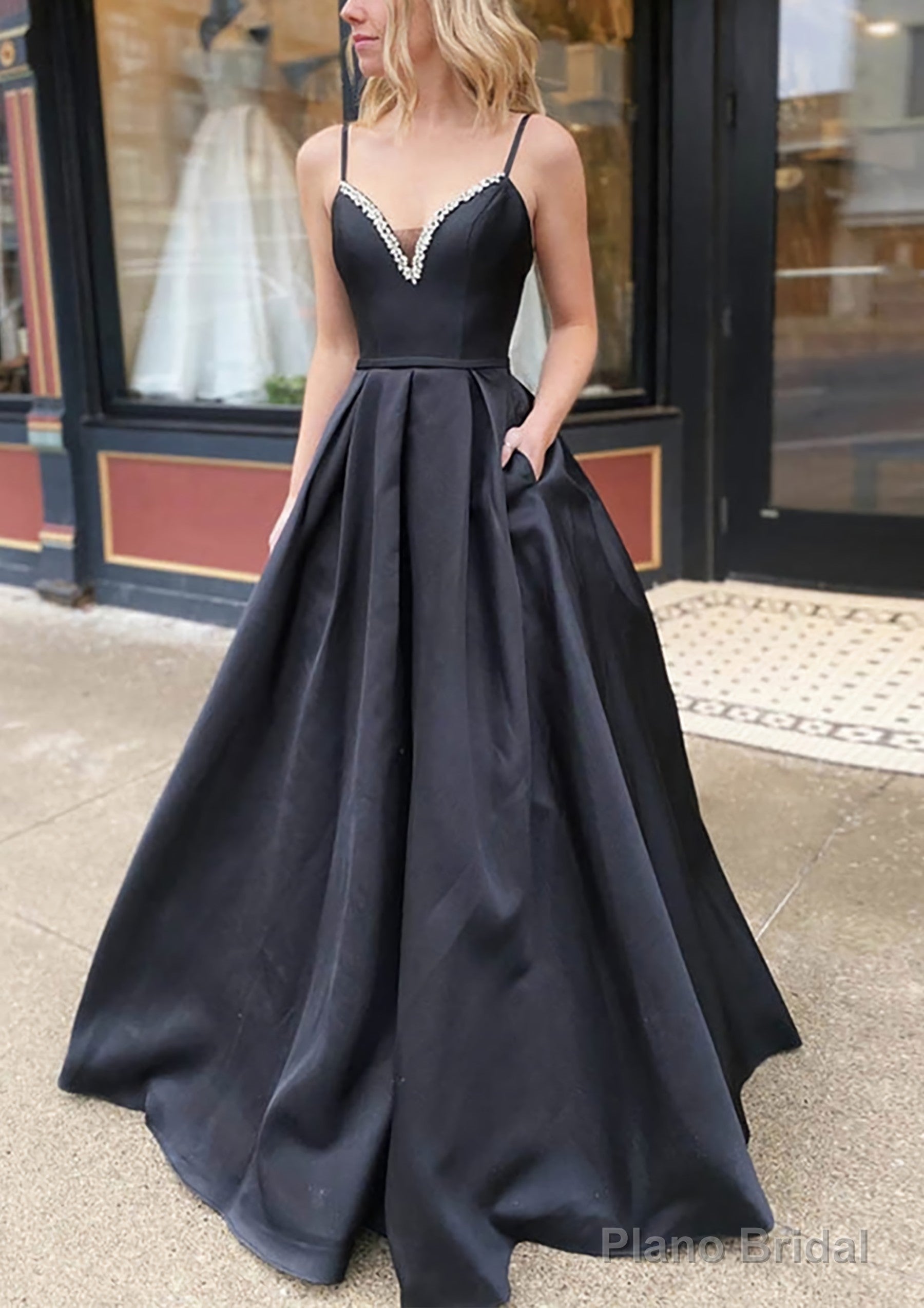 A-line V Neck Spaghetti Straps Long/Floor-Length Satin Prom Dresses With Beading Pockets Main image