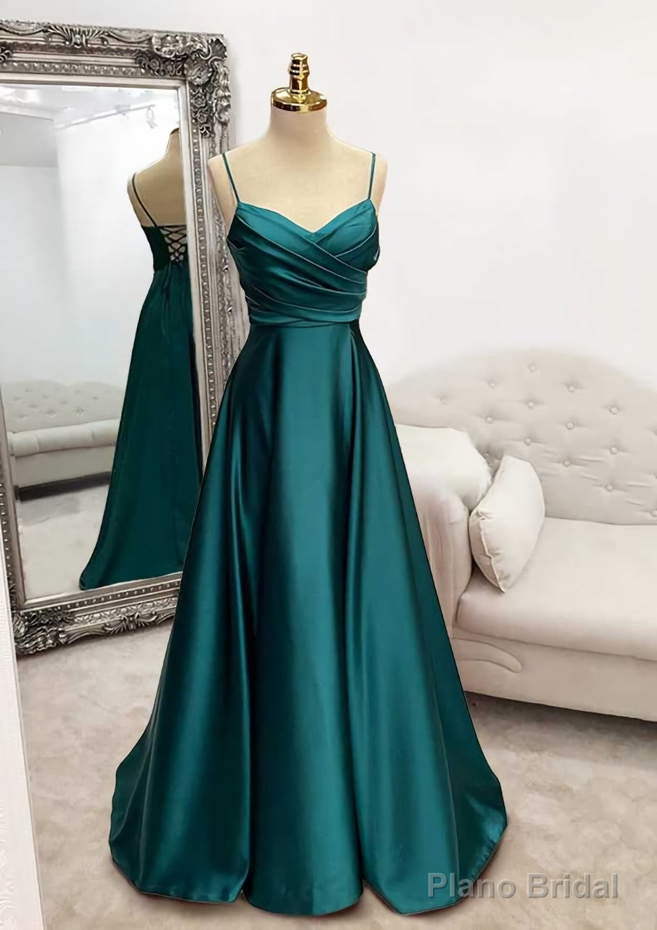 A-line V Neck Spaghetti Straps Long/Floor-Length Satin Prom Dresses With Pleated