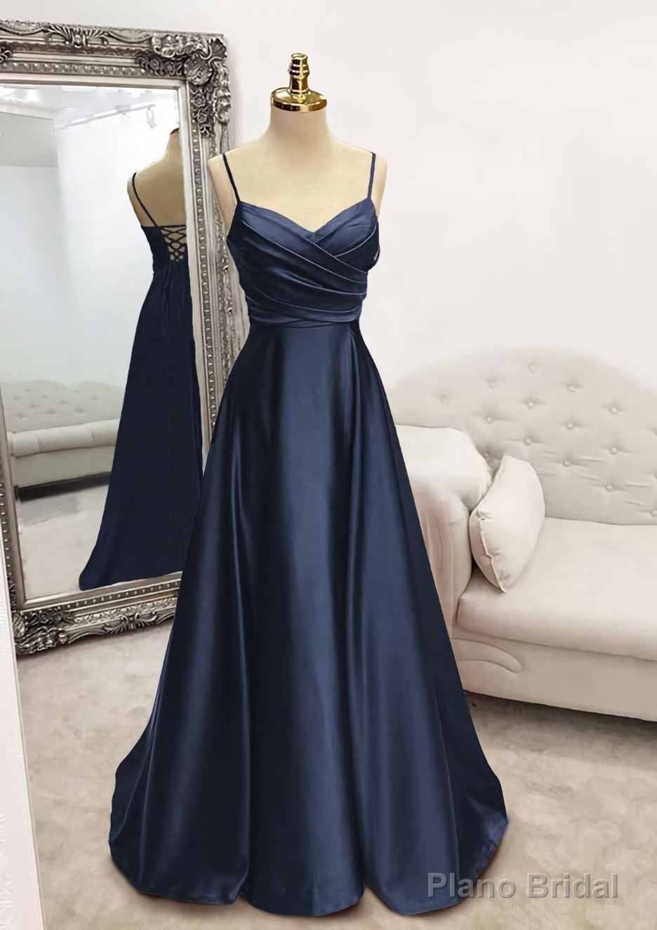 A-line V Neck Spaghetti Straps Long/Floor-Length Satin Prom Dresses With Pleated