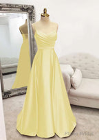 A-line V Neck Spaghetti Straps Long/Floor-Length Satin Prom Dresses With Pleated