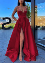 A-line V Neck Spaghetti Straps Long/Floor-Length Satin Prom Dresses With Split Pockets Beading