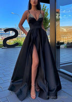 A-line V Neck Spaghetti Straps Long/Floor-Length Satin Prom Dresses With Split Pockets Beading