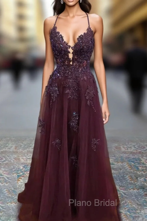 Tulle Cabernet Formal Prom Dresses A-line V Neck Spaghetti Straps Long/Floor-Length With Beading Sequins Appliqued Main image