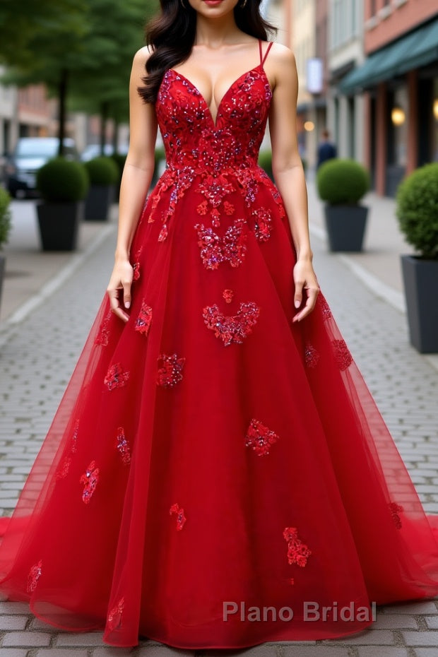 A-line V Neck Spaghetti Straps Long/Floor-Length Tulle Formal Prom Dress With Appliqued Beading Main image