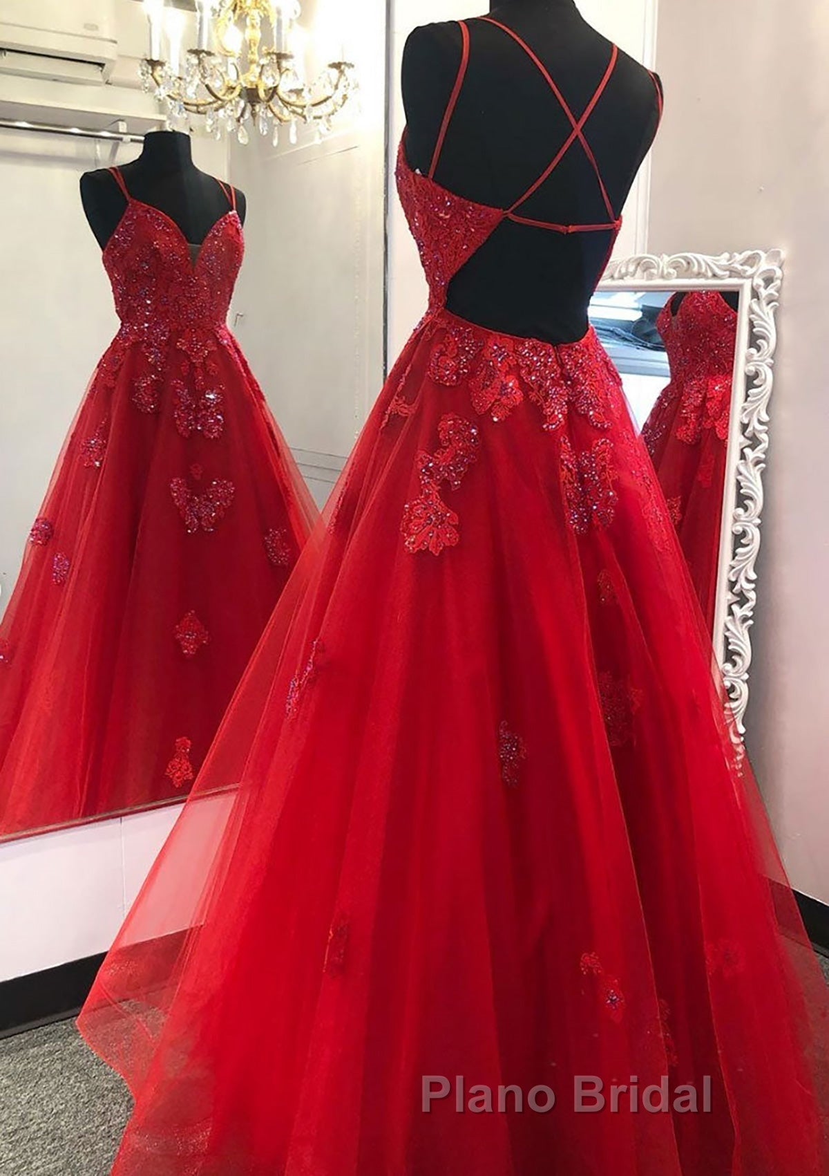 A-line V Neck Spaghetti Straps Long/Floor-Length Tulle Formal Prom Dress With Appliqued Beading Secondary image