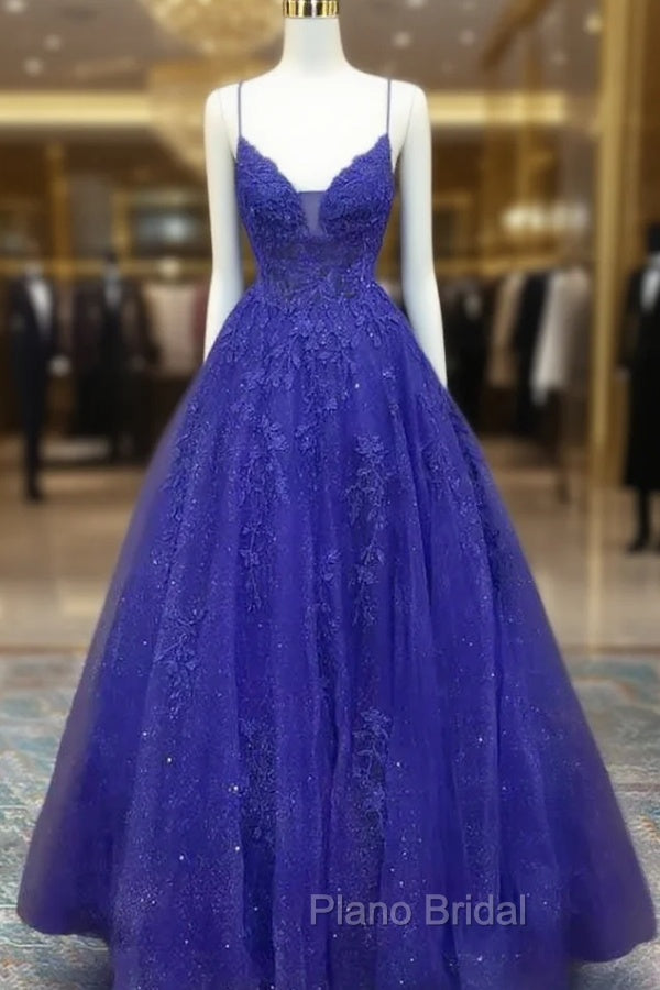 A-line V Neck Spaghetti Straps Long/Floor-Length Tulle Formal Prom Dresses With Appliqued Beading Glitter