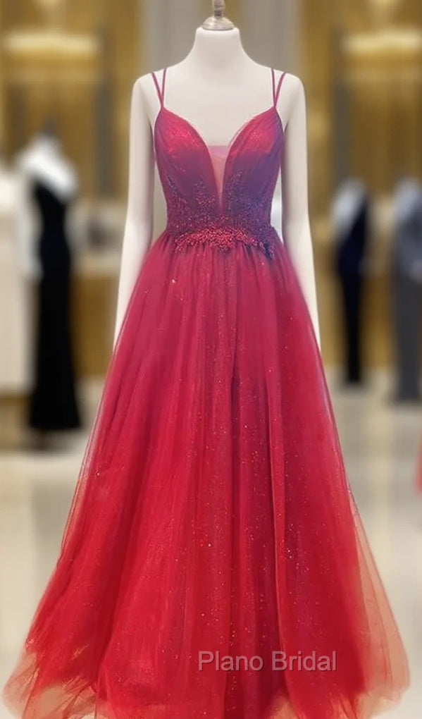 A-line V Neck Spaghetti Straps Long/Floor-Length Tulle Formal Prom Dresses With Appliqued Beading Pleated Glitter