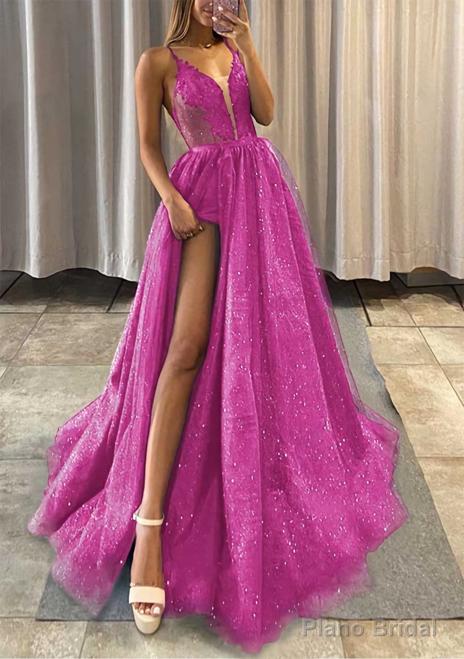 A-line V Neck Spaghetti Straps Long/Floor-Length Tulle Prom Dresses With Appliqued Glitter Split Left
