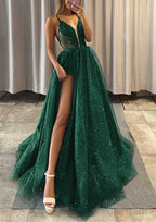 A-line V Neck Spaghetti Straps Long/Floor-Length Tulle Prom Dresses With Appliqued Glitter Split Left