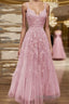 A-line V Neck Spaghetti Straps Long/Floor-Length Tulle Formal Prom Dress With Beading Lace Pockets Sequins