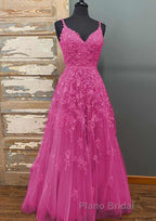 A-line V Neck Spaghetti Straps Long/Floor-Length Tulle Formal Prom Dress With Beading Lace Pockets Sequins