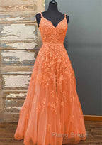 A-line V Neck Spaghetti Straps Long/Floor-Length Tulle Formal Prom Dress With Beading Lace Pockets Sequins