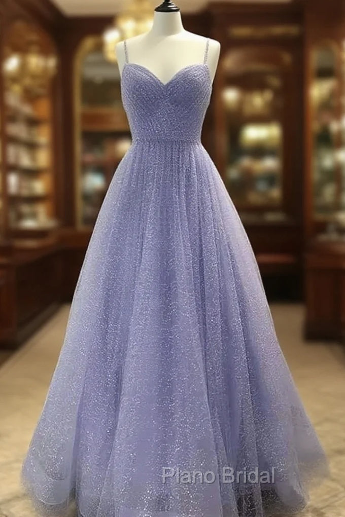 A-line V Neck Spaghetti Straps Long/Floor-Length Tulle Formal Prom Dresses With Beading Sequins Main image