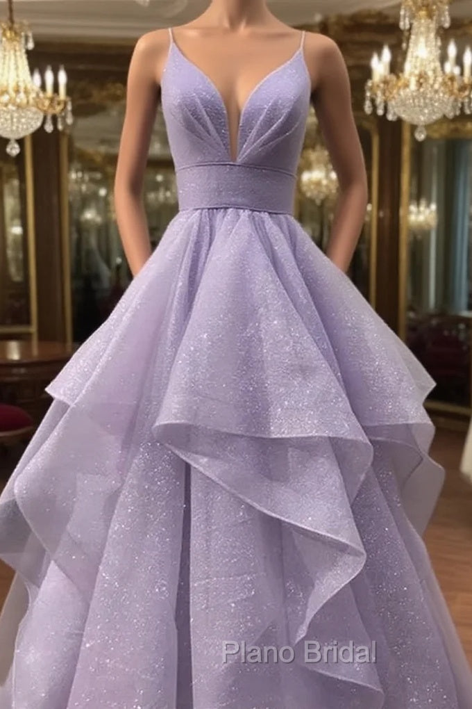 A-line V Neck Spaghetti Straps Long/Floor-Length Tulle Formal Prom Dresses With Pleated Glitter